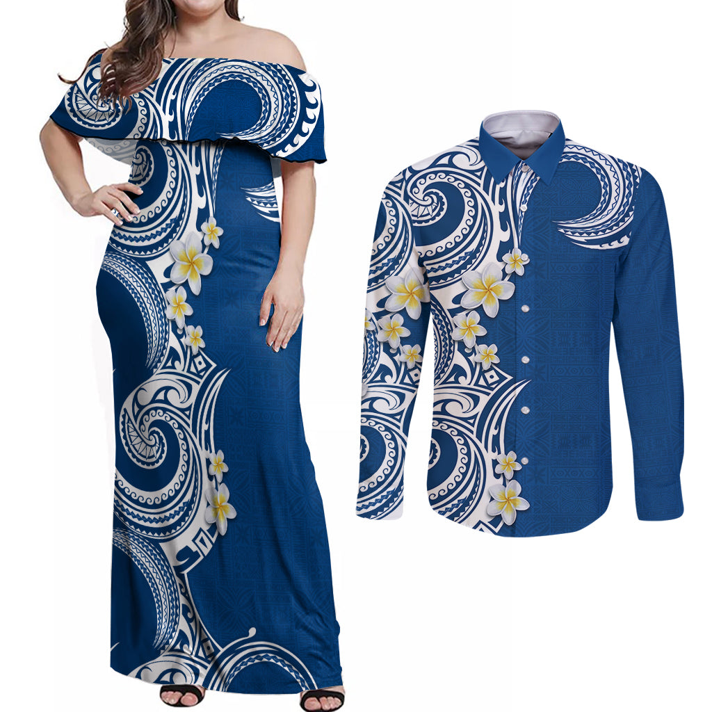 Aloha Polynesian Plumeria Flower Couples Matching Off Shoulder Maxi Dress and Long Sleeve Button Shirt Blue Color