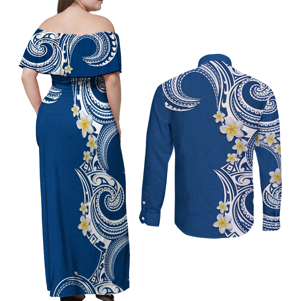 Aloha Polynesian Plumeria Flower Couples Matching Off Shoulder Maxi Dress and Long Sleeve Button Shirt Blue Color
