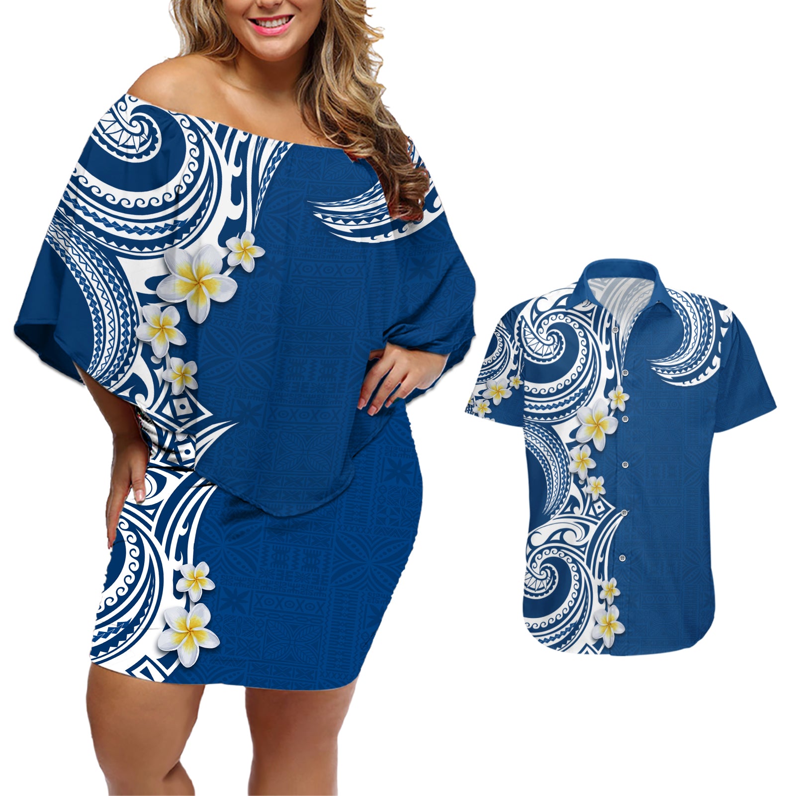 Aloha Polynesian Plumeria Flower Couples Matching Off Shoulder Short Dress and Hawaiian Shirt Blue Color