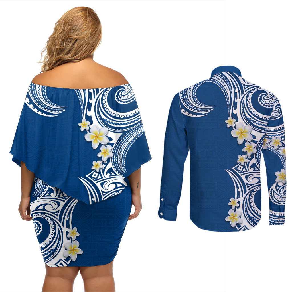 Aloha Polynesian Plumeria Flower Couples Matching Off Shoulder Short Dress and Long Sleeve Button Shirt Blue Color