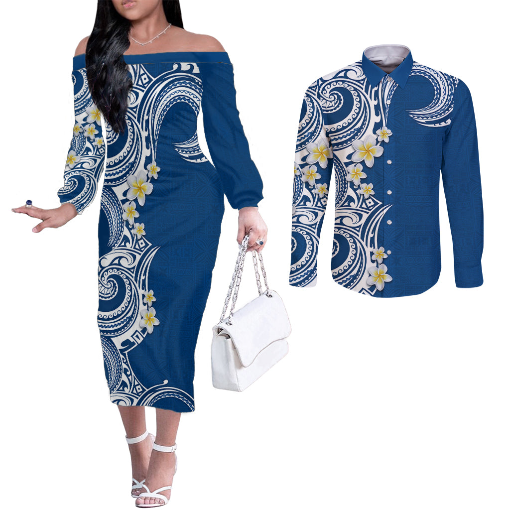 Aloha Polynesian Plumeria Flower Couples Matching Off The Shoulder Long Sleeve Dress and Long Sleeve Button Shirt Blue Color