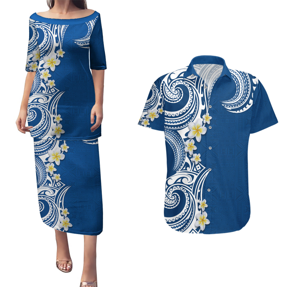 Aloha Polynesian Plumeria Flower Couples Matching Puletasi and Hawaiian Shirt Blue Color LT03 Blue - Polynesian Pride