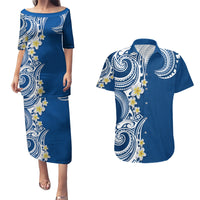 Aloha Polynesian Plumeria Flower Couples Matching Puletasi and Hawaiian Shirt Blue Color LT03 Blue - Polynesian Pride