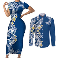 Aloha Polynesian Plumeria Flower Couples Matching Short Sleeve Bodycon Dress and Long Sleeve Button Shirt Blue Color