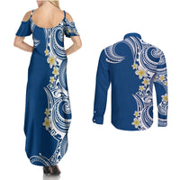 Aloha Polynesian Plumeria Flower Couples Matching Summer Maxi Dress and Long Sleeve Button Shirt Blue Color