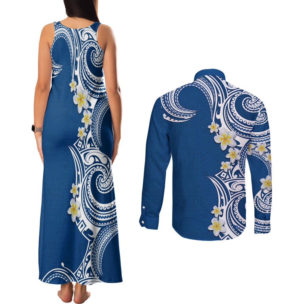 Aloha Polynesian Plumeria Flower Couples Matching Tank Maxi Dress and Long Sleeve Button Shirt Blue Color