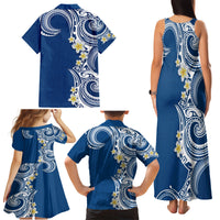 Aloha Polynesian Plumeria Flower Family Matching Tank Maxi Dress and Hawaiian Shirt Blue Color