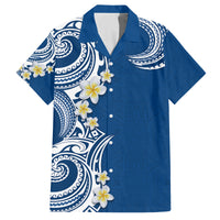 Aloha Polynesian Plumeria Flower Family Matching Tank Maxi Dress and Hawaiian Shirt Blue Color