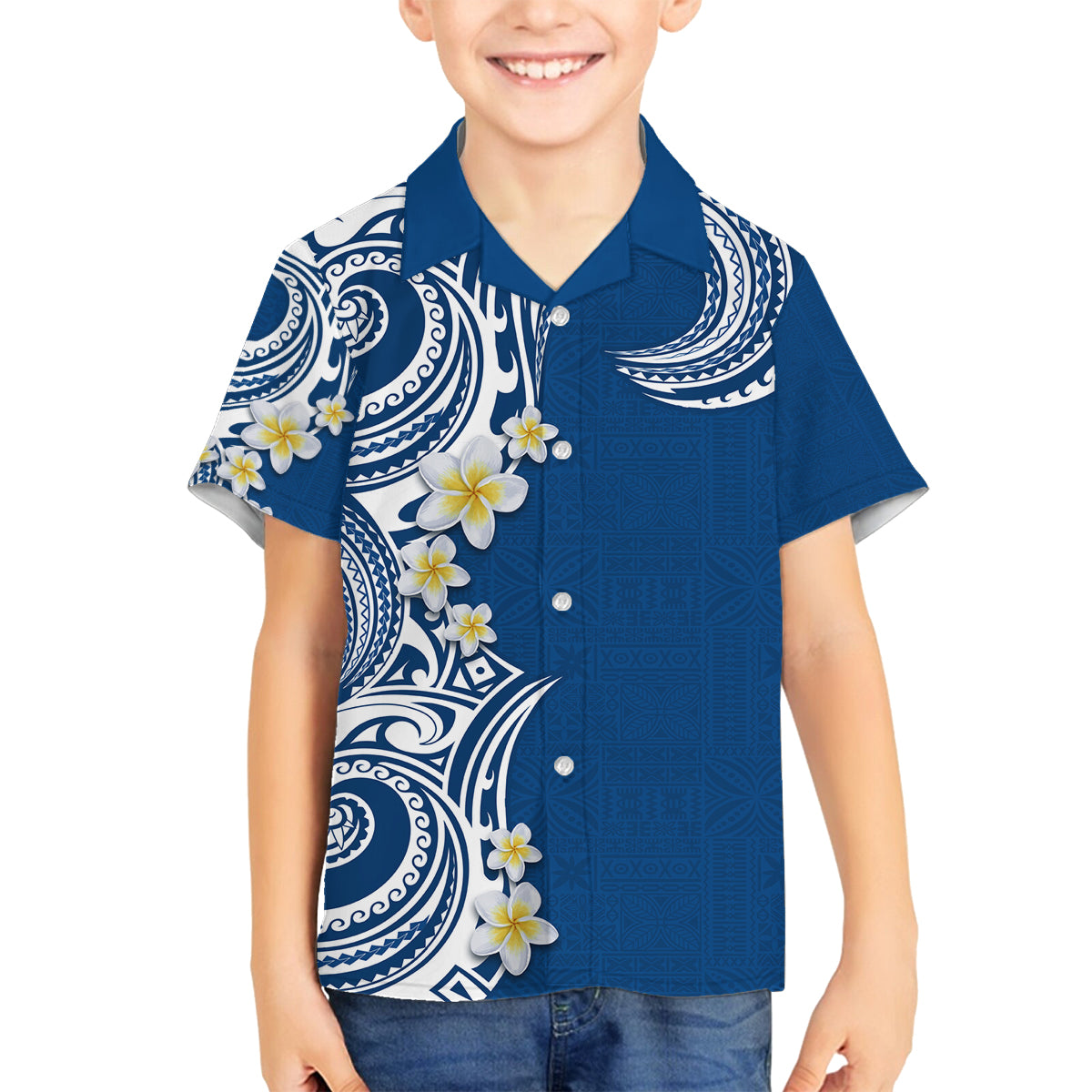 Aloha Polynesian Plumeria Flower Family Matching Tank Maxi Dress and Hawaiian Shirt Blue Color