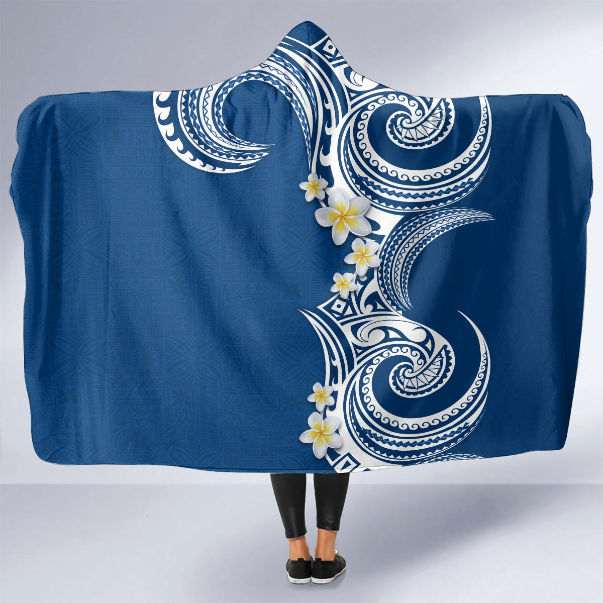 Aloha Polynesian Plumeria Flower Hooded Blanket Blue Color