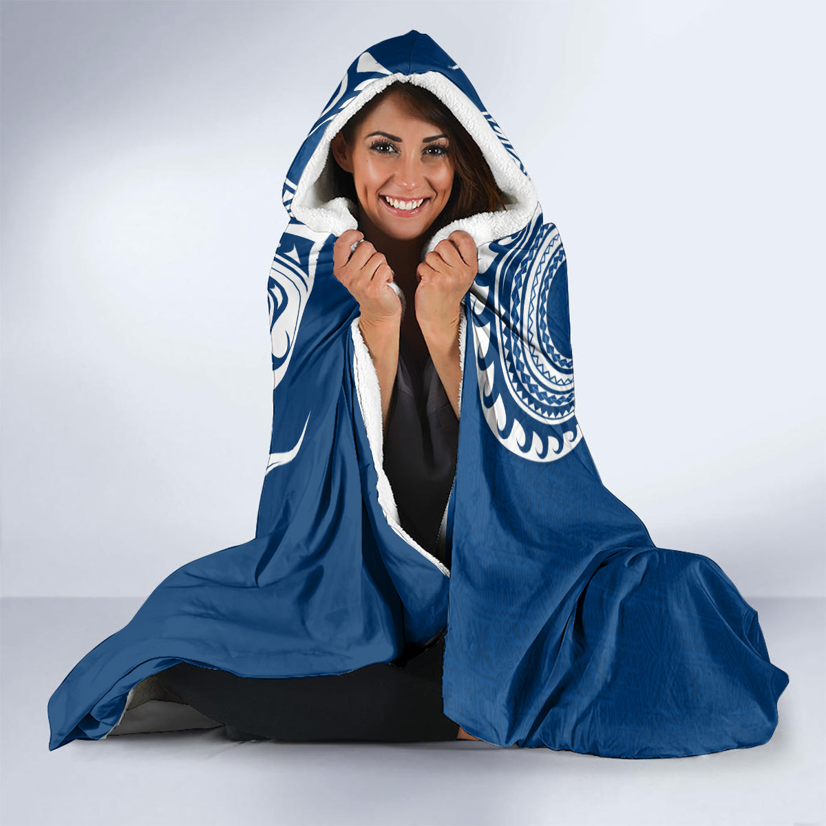 Aloha Polynesian Plumeria Flower Hooded Blanket Blue Color