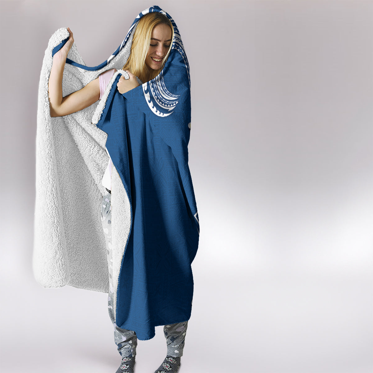 Aloha Polynesian Plumeria Flower Hooded Blanket Blue Color