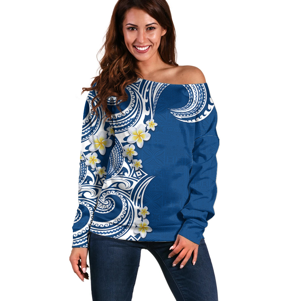 Aloha Polynesian Plumeria Flower Off Shoulder Sweater Blue Color
