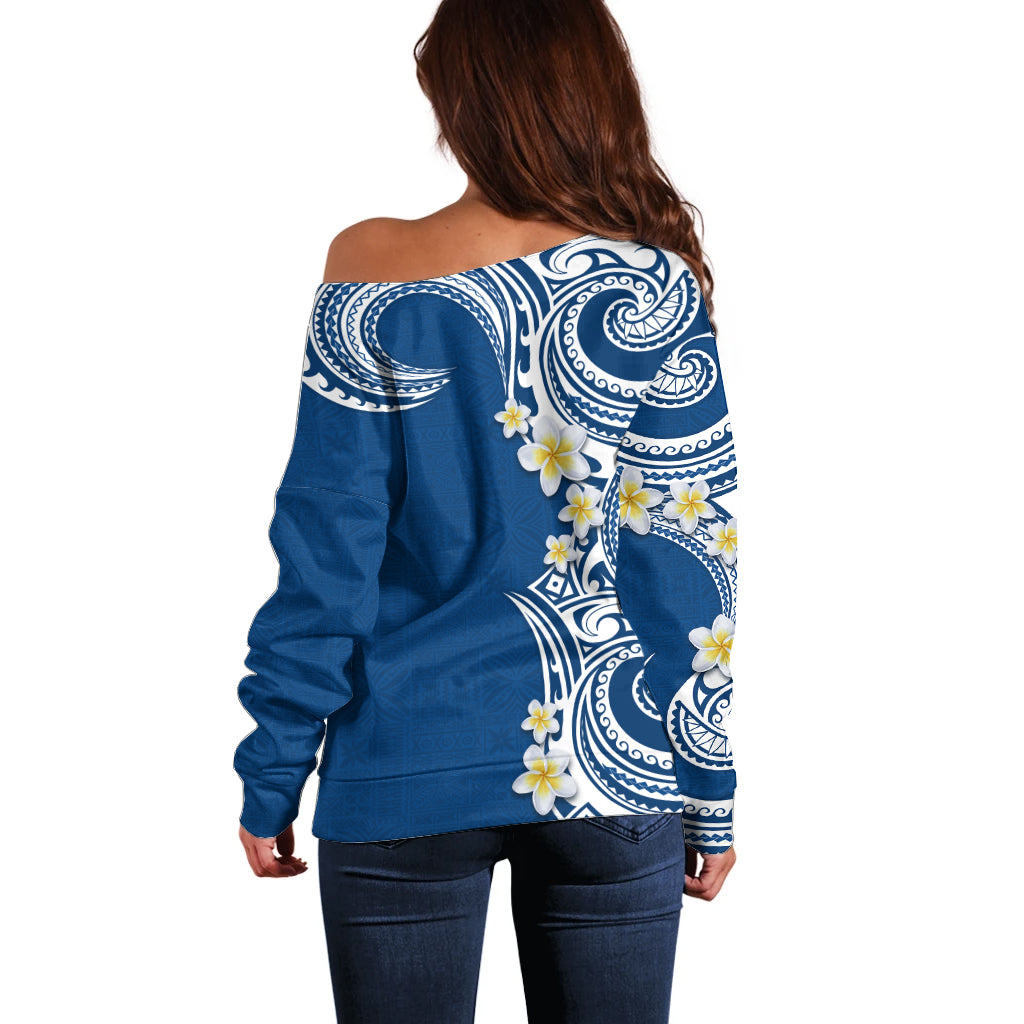 Aloha Polynesian Plumeria Flower Off Shoulder Sweater Blue Color
