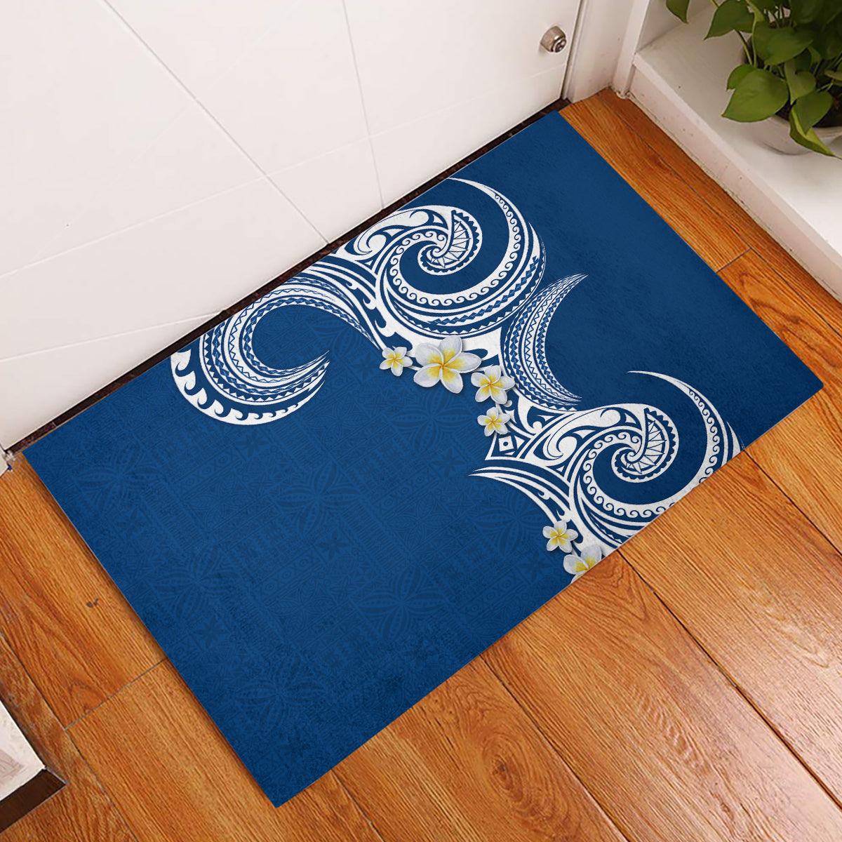Aloha Polynesian Plumeria Flower Rubber Doormat Blue Color
