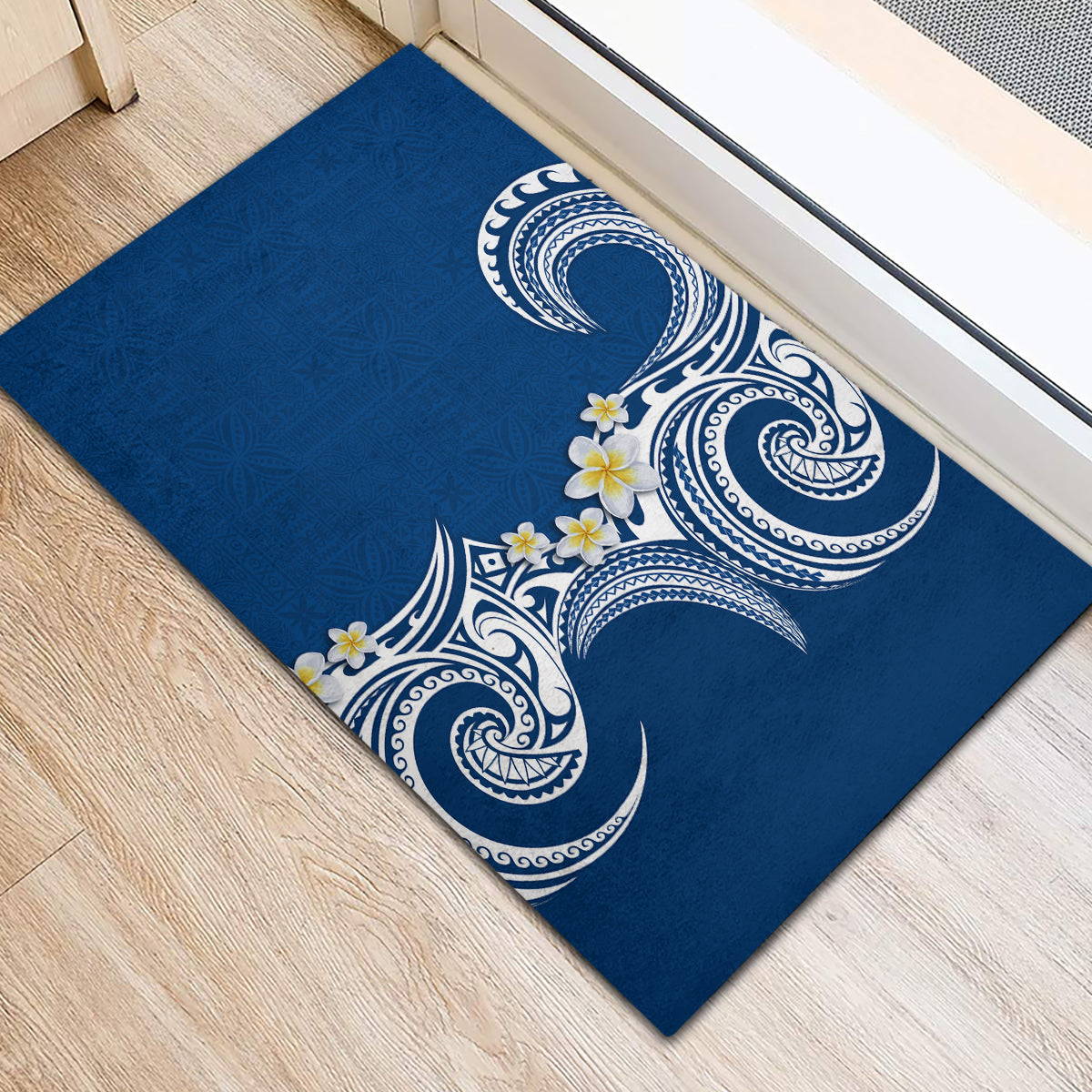Aloha Polynesian Plumeria Flower Rubber Doormat Blue Color