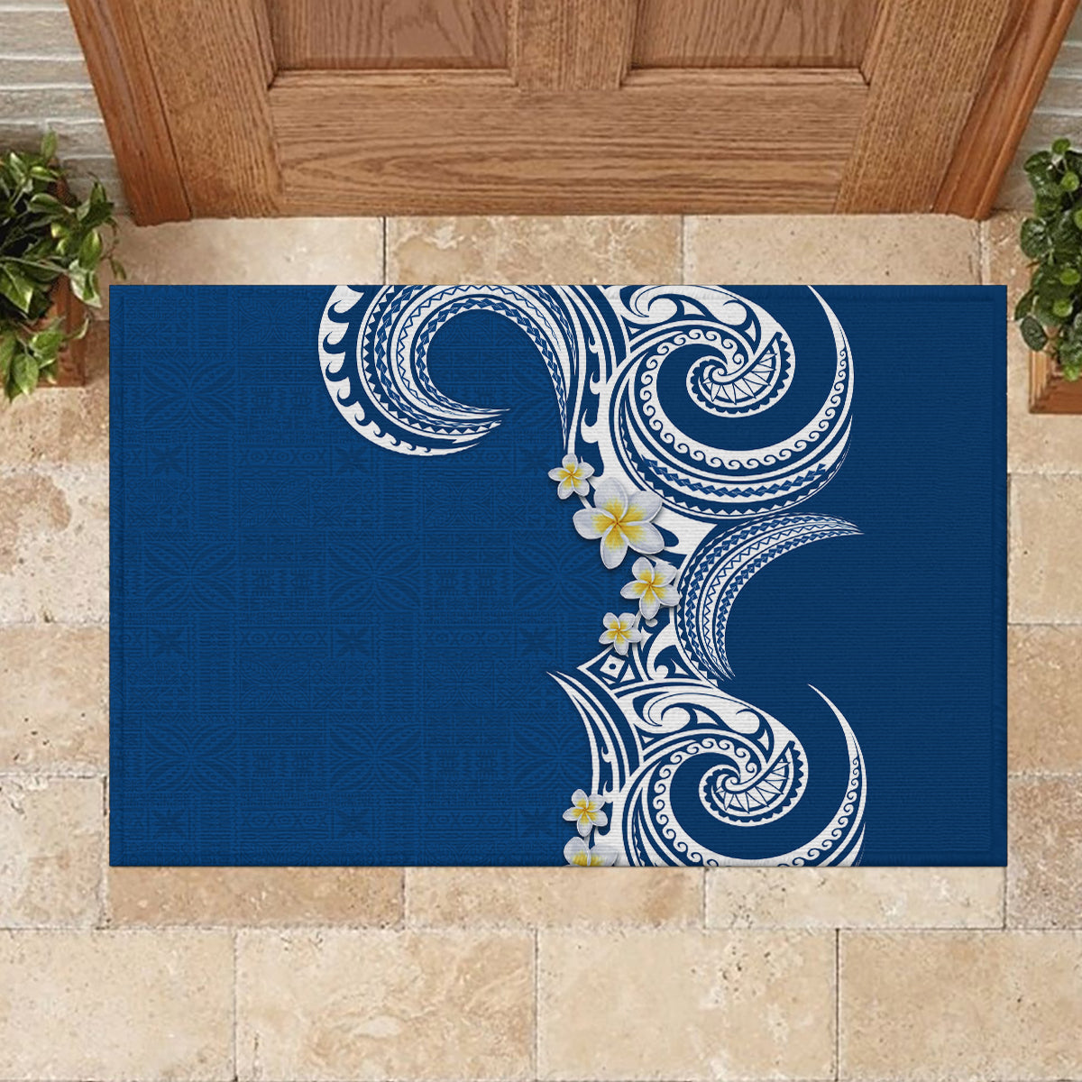 Aloha Polynesian Plumeria Flower Rubber Doormat Blue Color