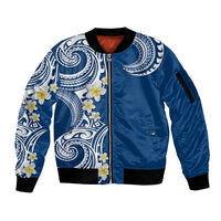 Aloha Polynesian Plumeria Flower Sleeve Zip Bomber Jacket Blue Color