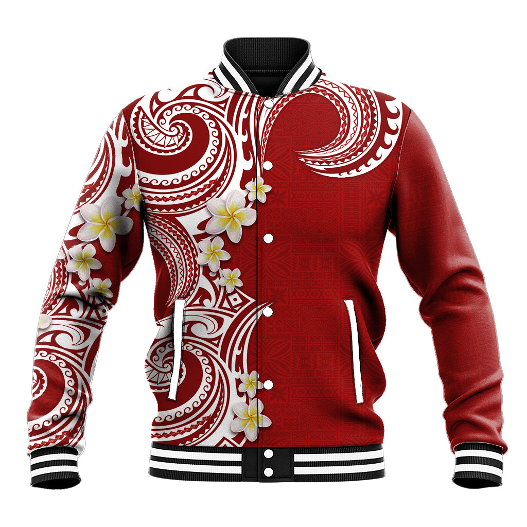 Aloha Polynesian Plumeria Flower Baseball Jacket Red Color