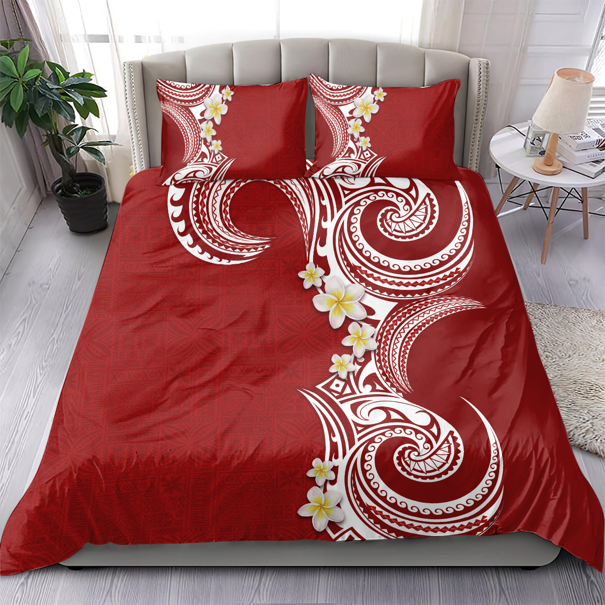 Aloha Polynesian Plumeria Flower Bedding Set Red Color