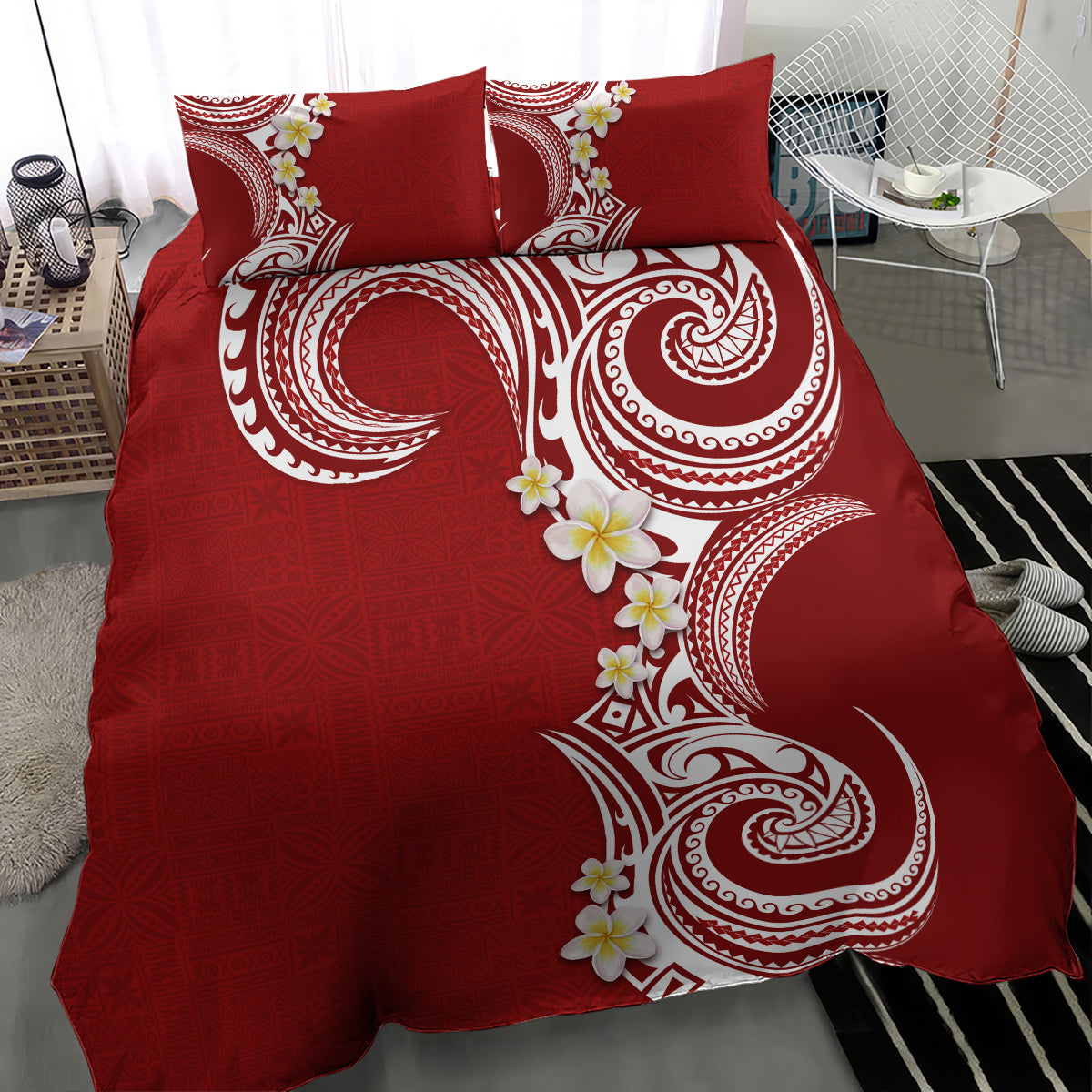 Aloha Polynesian Plumeria Flower Bedding Set Red Color