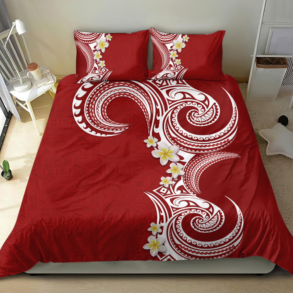 Aloha Polynesian Plumeria Flower Bedding Set Red Color