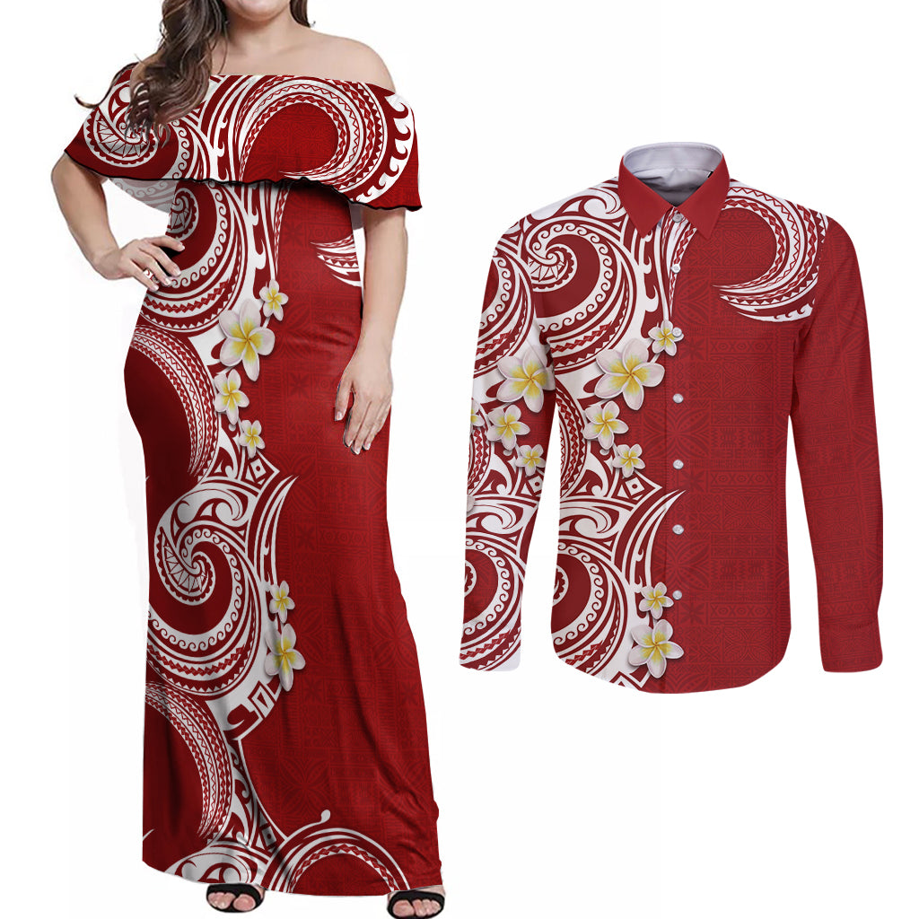 Aloha Polynesian Plumeria Flower Couples Matching Off Shoulder Maxi Dress and Long Sleeve Button Shirt Red Color