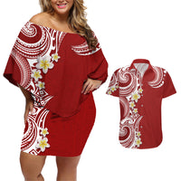 Aloha Polynesian Plumeria Flower Couples Matching Off Shoulder Short Dress and Hawaiian Shirt Red Color