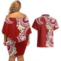Aloha Polynesian Plumeria Flower Couples Matching Off Shoulder Short Dress and Hawaiian Shirt Red Color