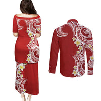 Aloha Polynesian Plumeria Flower Couples Matching Puletasi and Long Sleeve Button Shirt Red Color