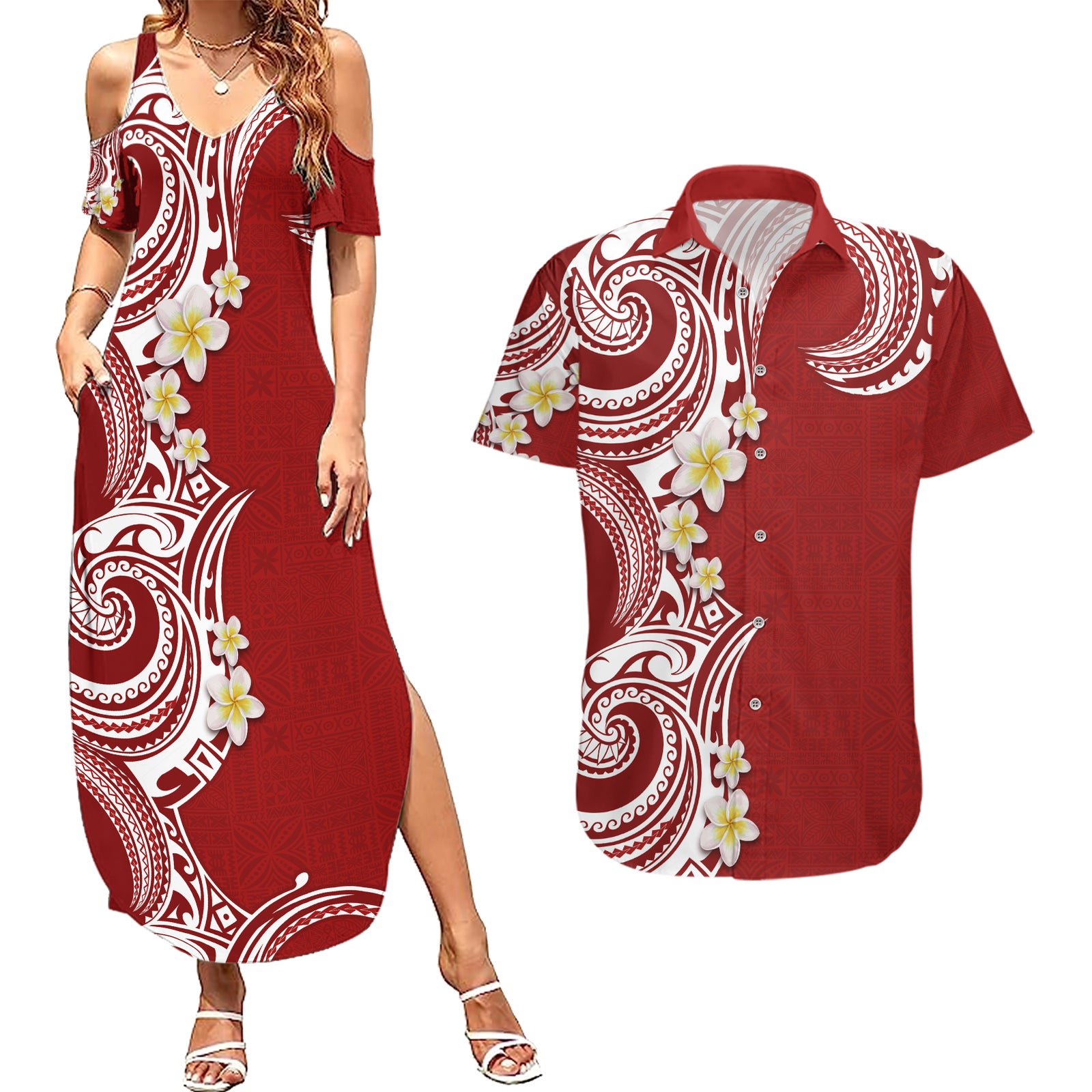Aloha Polynesian Plumeria Flower Couples Matching Summer Maxi Dress and Hawaiian Shirt Red Color