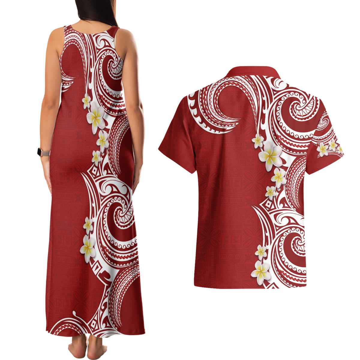 Aloha Polynesian Plumeria Flower Couples Matching Tank Maxi Dress and Hawaiian Shirt Red Color