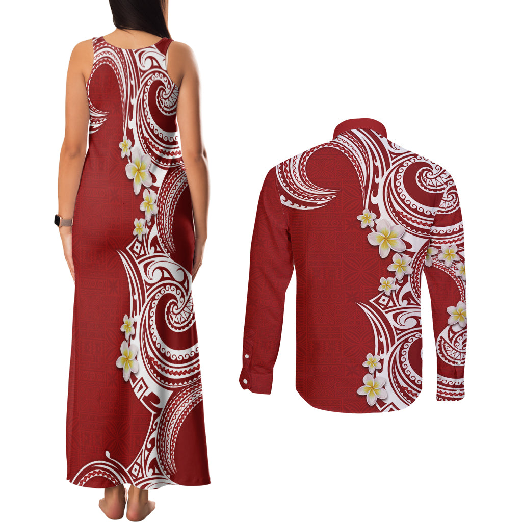 Aloha Polynesian Plumeria Flower Couples Matching Tank Maxi Dress and Long Sleeve Button Shirt Red Color