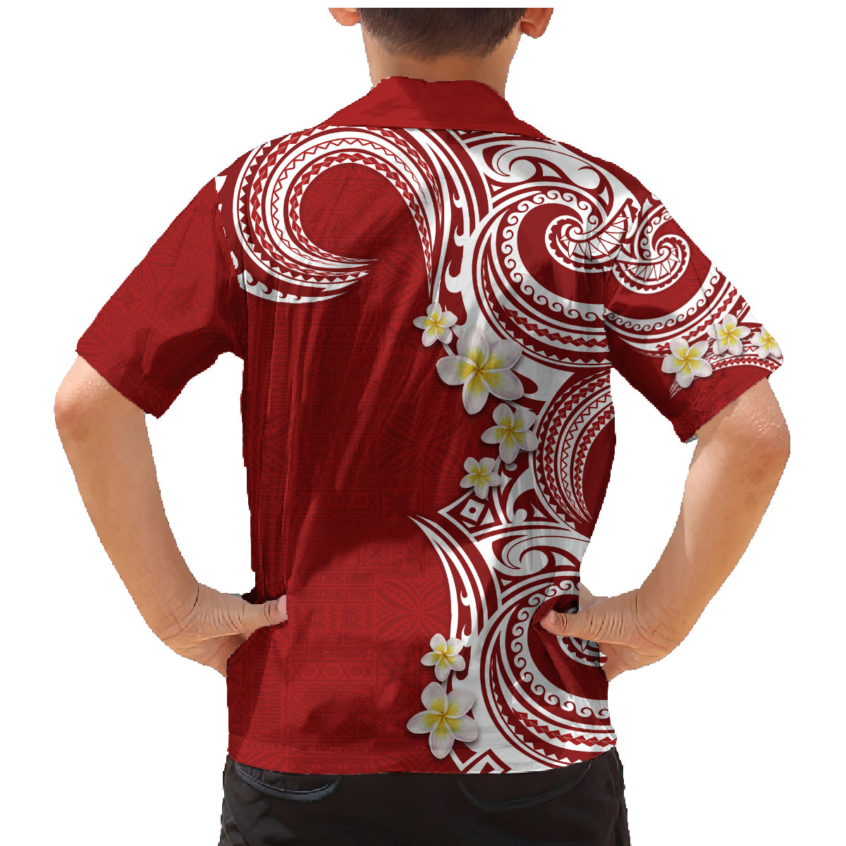 Aloha Polynesian Plumeria Flower Family Matching Mermaid Dress and Hawaiian Shirt Red Color