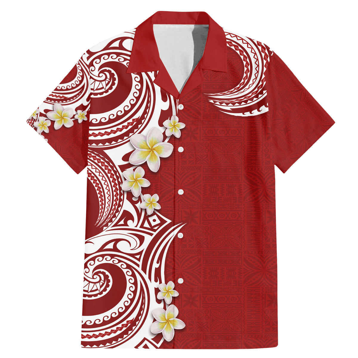 Aloha Polynesian Plumeria Flower Family Matching Mermaid Dress and Hawaiian Shirt Red Color