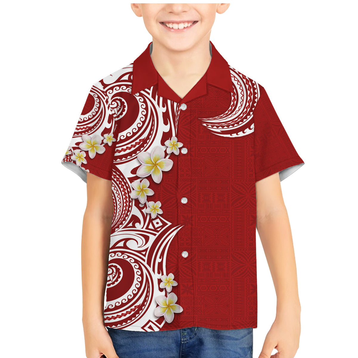 Aloha Polynesian Plumeria Flower Family Matching Mermaid Dress and Hawaiian Shirt Red Color
