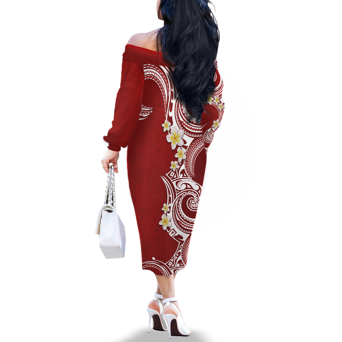 Aloha Polynesian Plumeria Flower Family Matching Off The Shoulder Long Sleeve Dress and Hawaiian Shirt Red Color