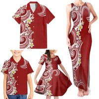 Aloha Polynesian Plumeria Flower Family Matching Tank Maxi Dress and Hawaiian Shirt Red Color