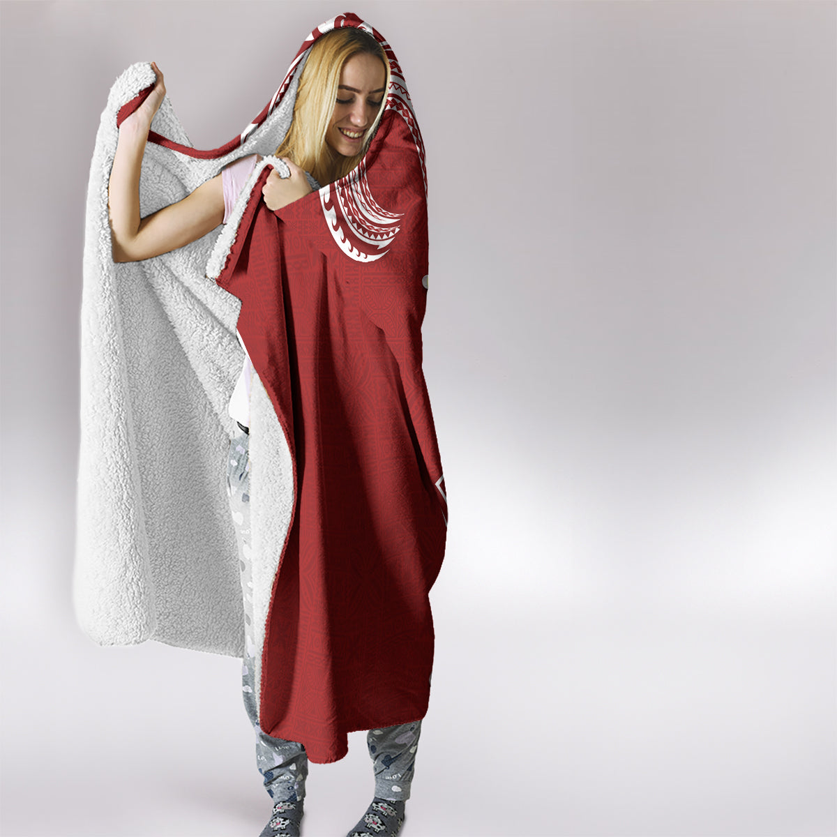 Aloha Polynesian Plumeria Flower Hooded Blanket Red Color