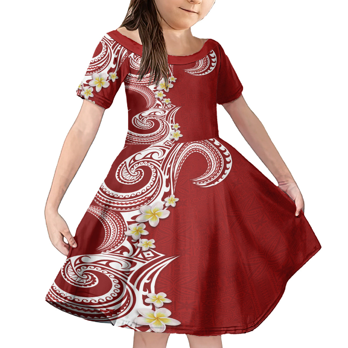 Aloha Polynesian Plumeria Flower Kid Short Sleeve Dress Red Color