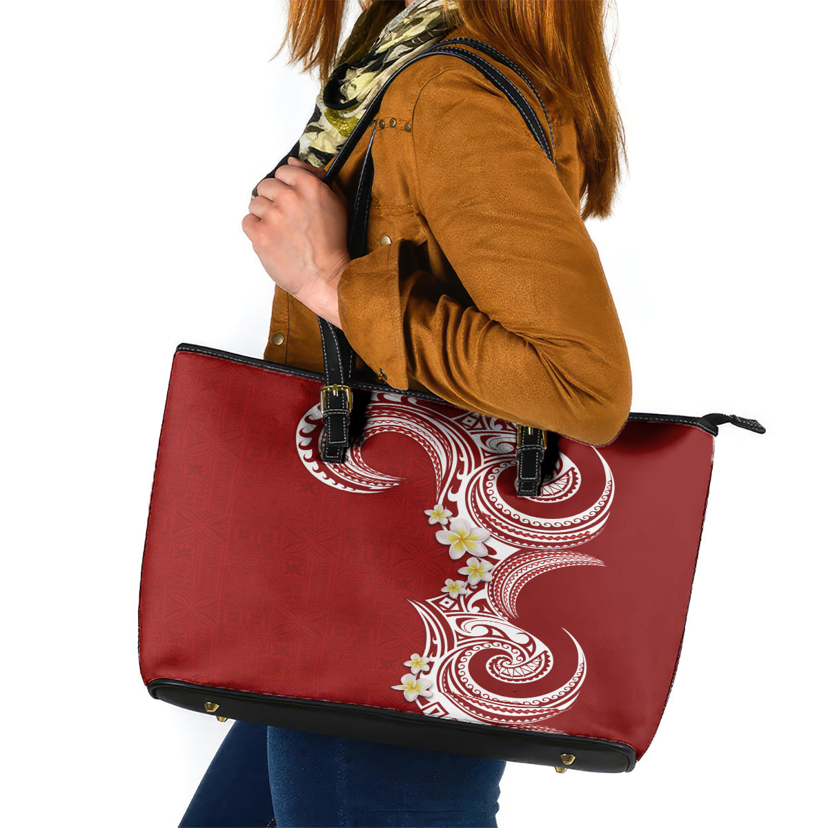 Aloha Polynesian Plumeria Flower Leather Tote Bag Red Color LT03 Red - Polynesian Pride