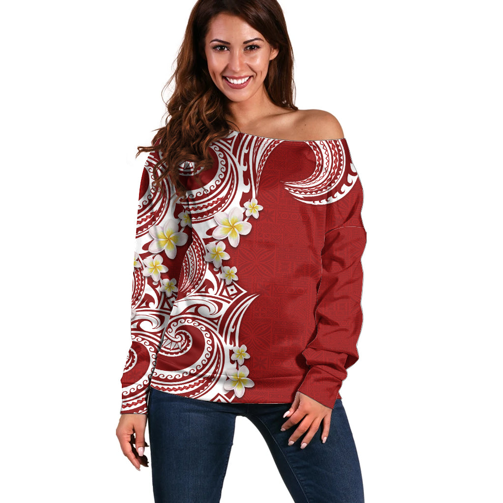 Aloha Polynesian Plumeria Flower Off Shoulder Sweater Red Color