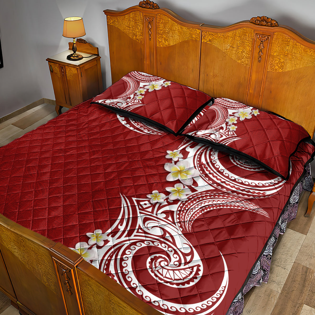 Aloha Polynesian Plumeria Flower Quilt Bed Set Red Color