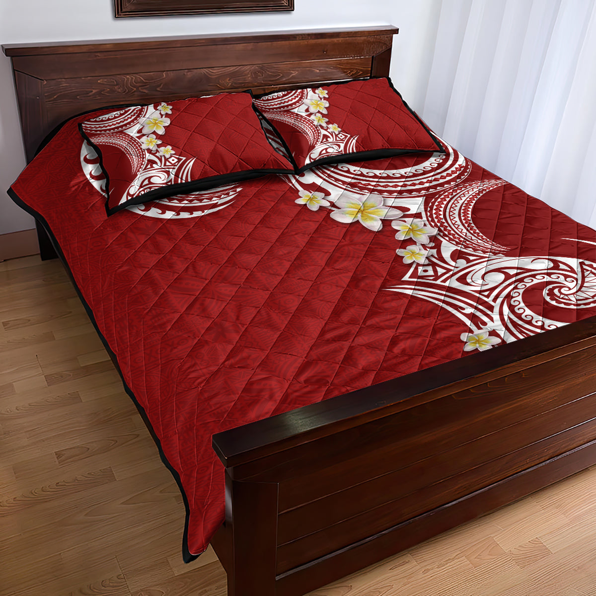 Aloha Polynesian Plumeria Flower Quilt Bed Set Red Color