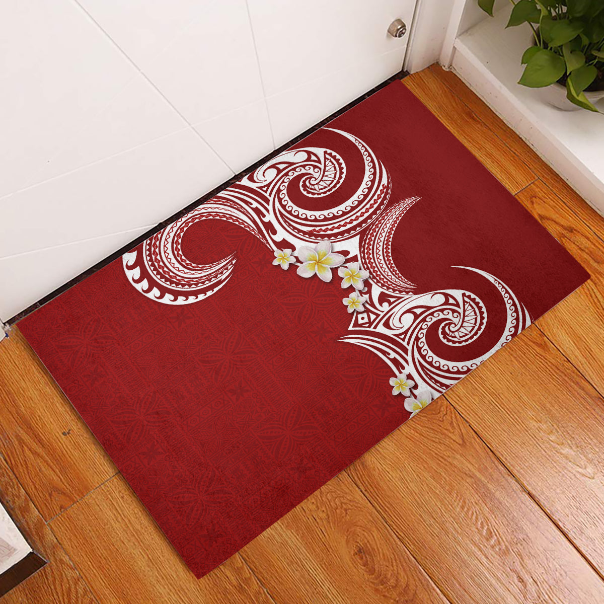 Aloha Polynesian Plumeria Flower Rubber Doormat Red Color
