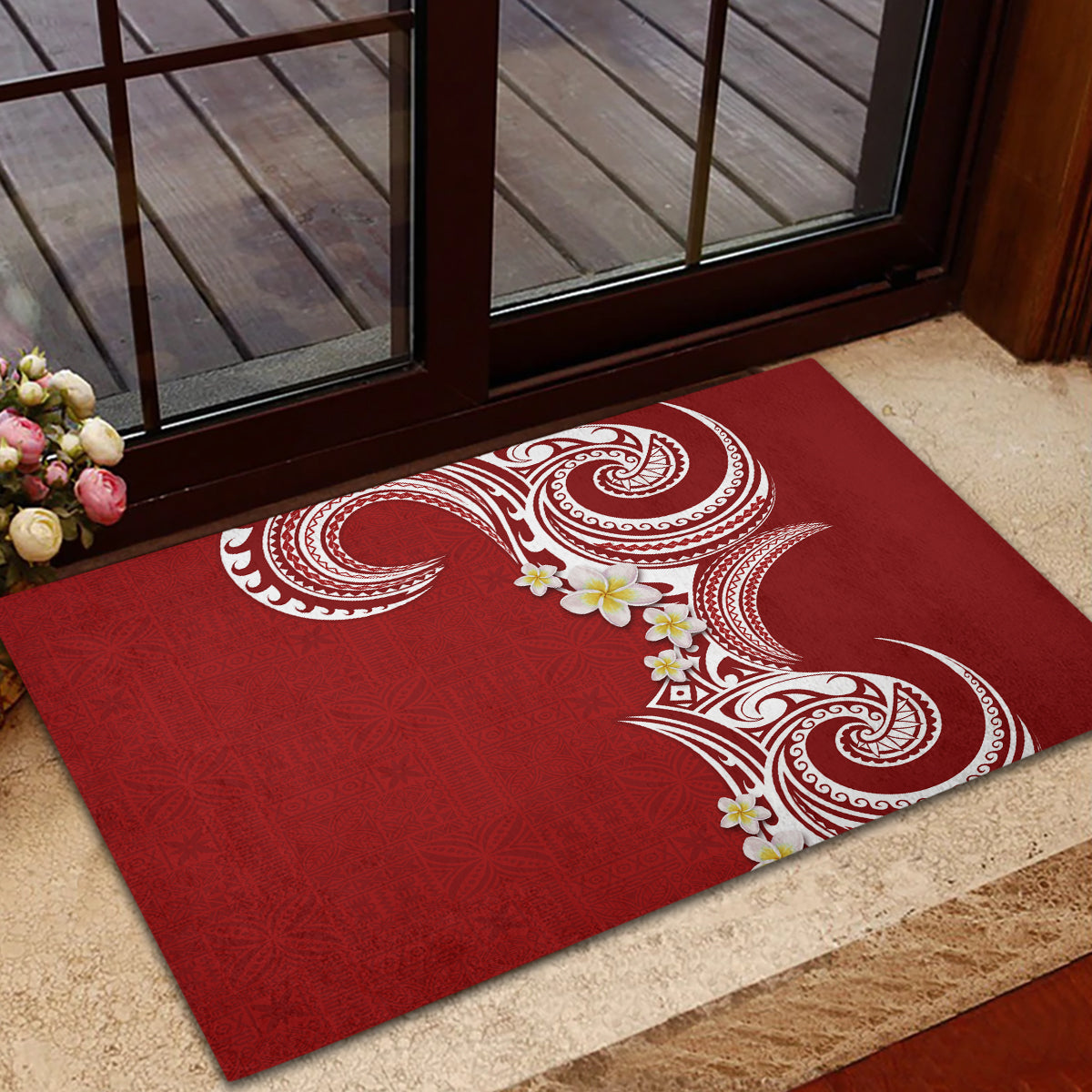 Aloha Polynesian Plumeria Flower Rubber Doormat Red Color