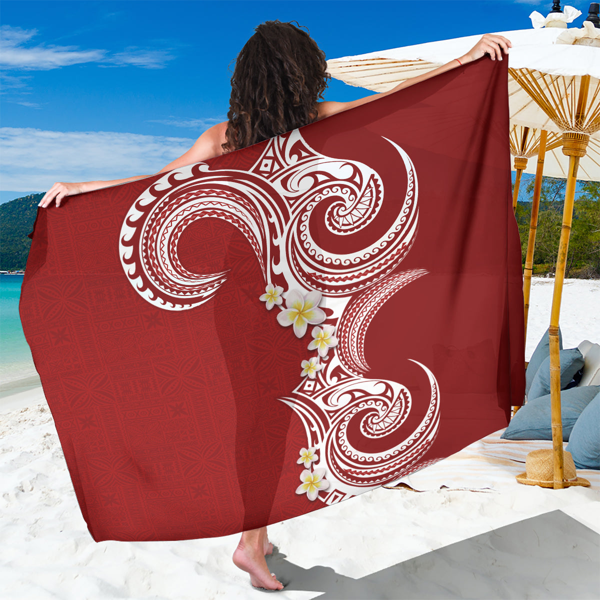 Aloha Polynesian Plumeria Flower Sarong Red Color