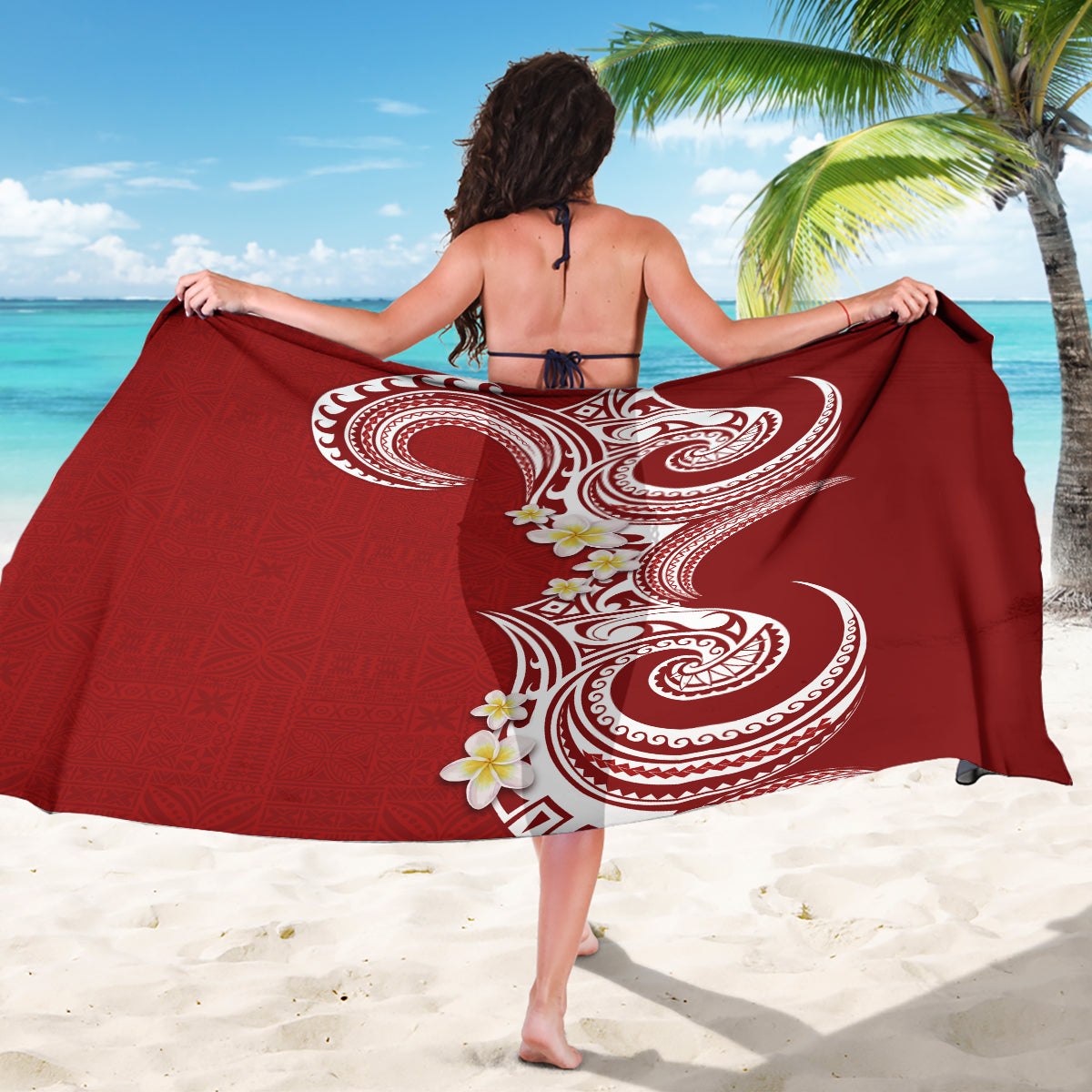 Aloha Polynesian Plumeria Flower Sarong Red Color