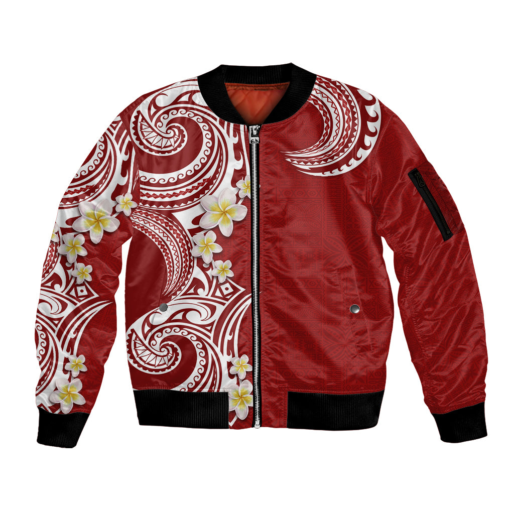 Aloha Polynesian Plumeria Flower Sleeve Zip Bomber Jacket Red Color