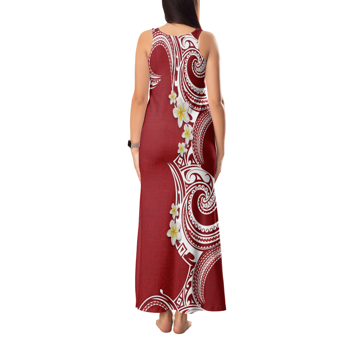Aloha Polynesian Plumeria Flower Tank Maxi Dress Red Color